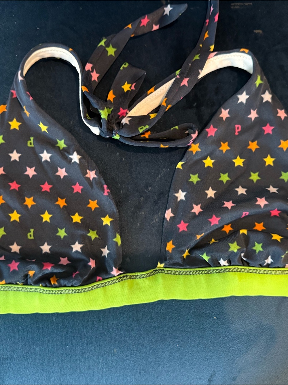 VS PINK Star-Print Navy Halter Swim Top with Lime Band